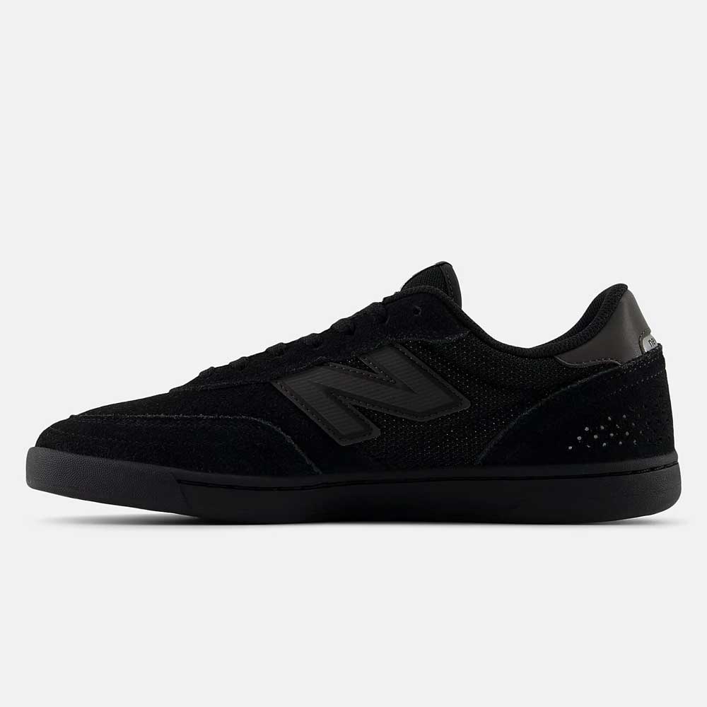 The 440 BVU New Balance Numeric Suede Skateboarding Shoes are showcased in black, with a suede and mesh upper, a black N logo on the side, and a durable black rubber sole. Displayed in side profile on a plain white background, these skate shoes feature an ABZORB midsole for enhanced comfort and support throughout the day.