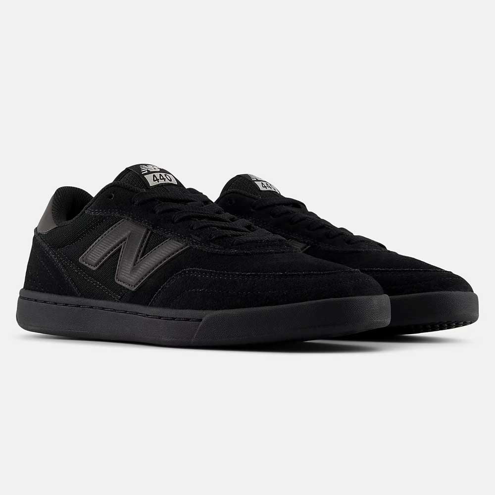 A pair of black 440 BVU New Balance Numeric Suede Skateboarding Shoes featuring durable suede uppers, black soles, and dark gray ‘N’ logos on the sides, displayed against a white background.