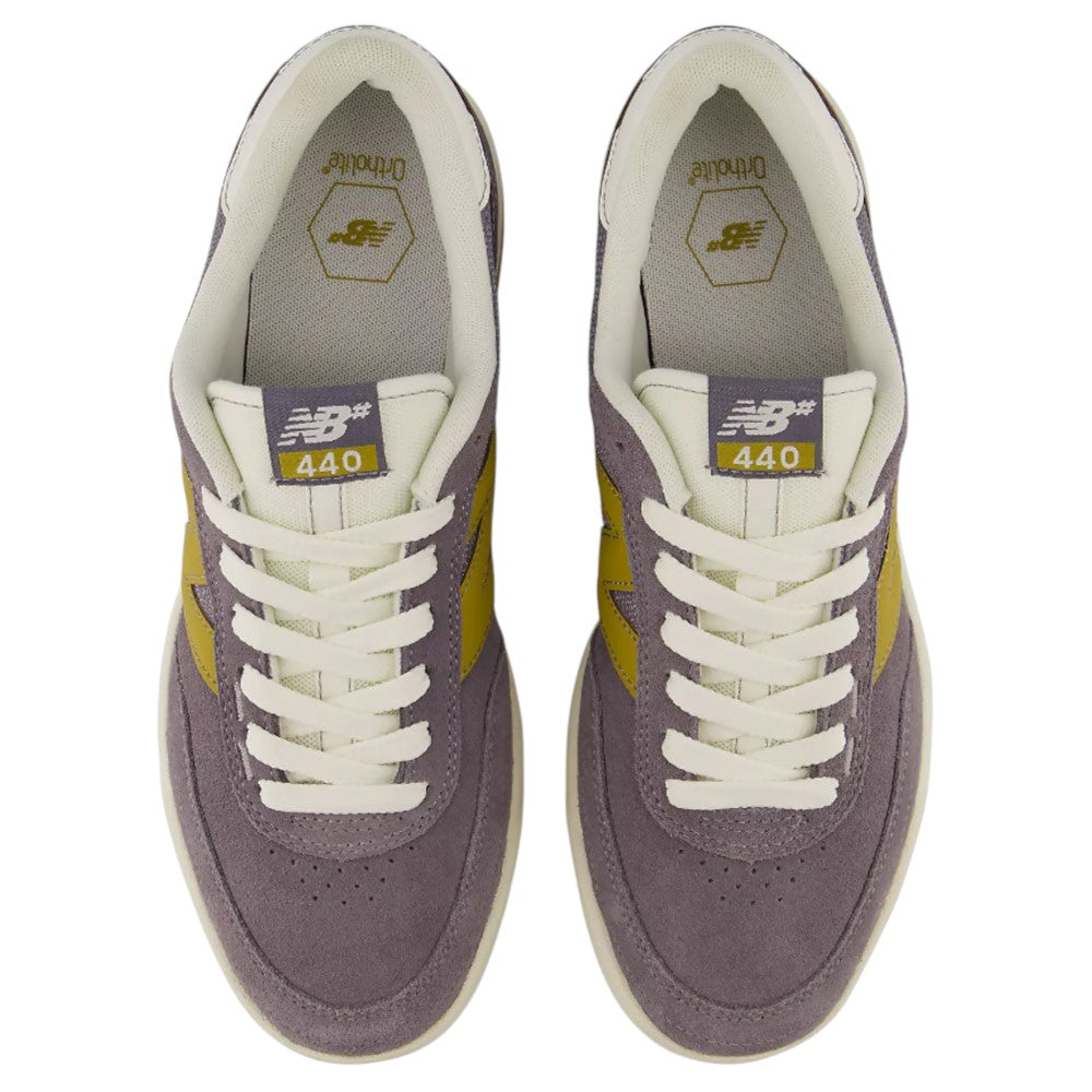 A pair of 440 PRB Neptune Gray Seamoss New Balance Numeric Suede Skateboarding Shoes, featuring durable suede construction with seamoss and neptune gray tones, white laces, off-white soles with an ABZORB midsole, are viewed from above on a plain white background.