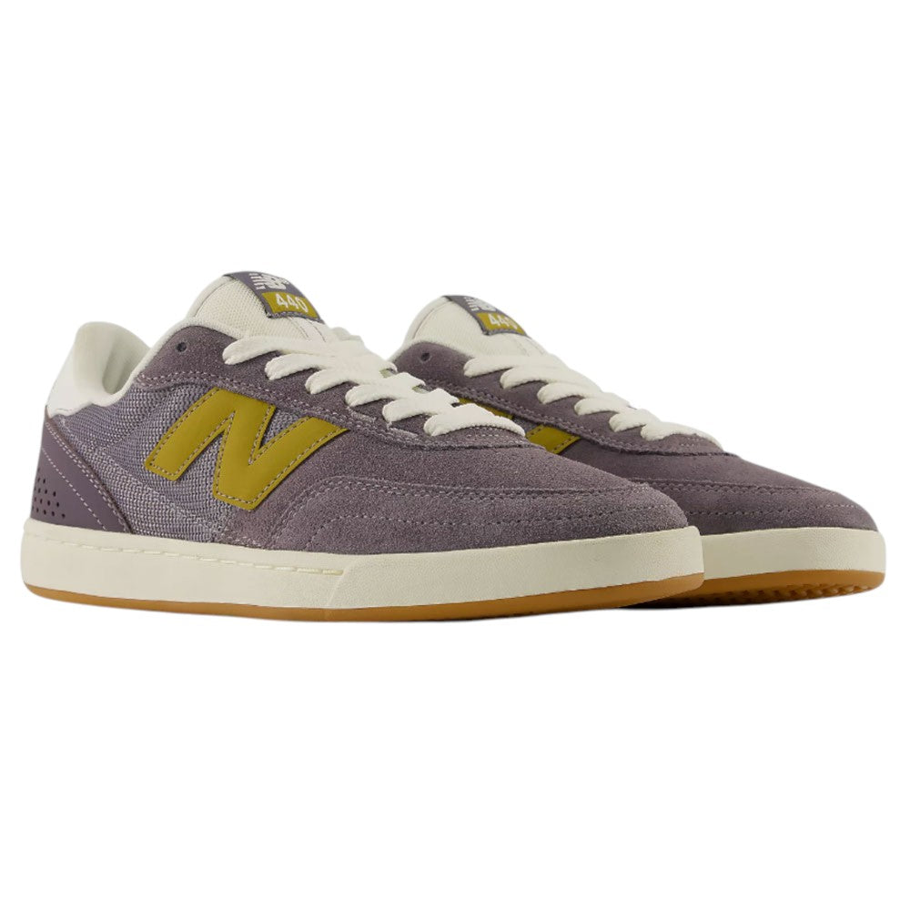 A pair of 440 PRB Neptune Gray Seamoss New Balance Numeric Suede Skateboarding Shoes with white laces, beige midsoles, and gum rubber outsoles, featuring a durable ABZORB midsole for enhanced comfort and support, displayed on a white background.