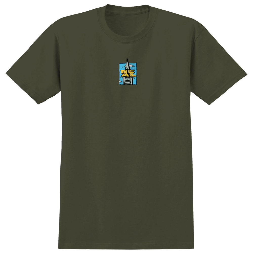 Olive green 48 Story Olive Multicolor Real Skateboards Tee with a small graphic on the chest showing a stylized building with the word REAL printed on it.