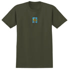 Olive green 48 Story Olive Multicolor Real Skateboards Tee with a small graphic on the chest showing a stylized building with the word REAL printed on it.