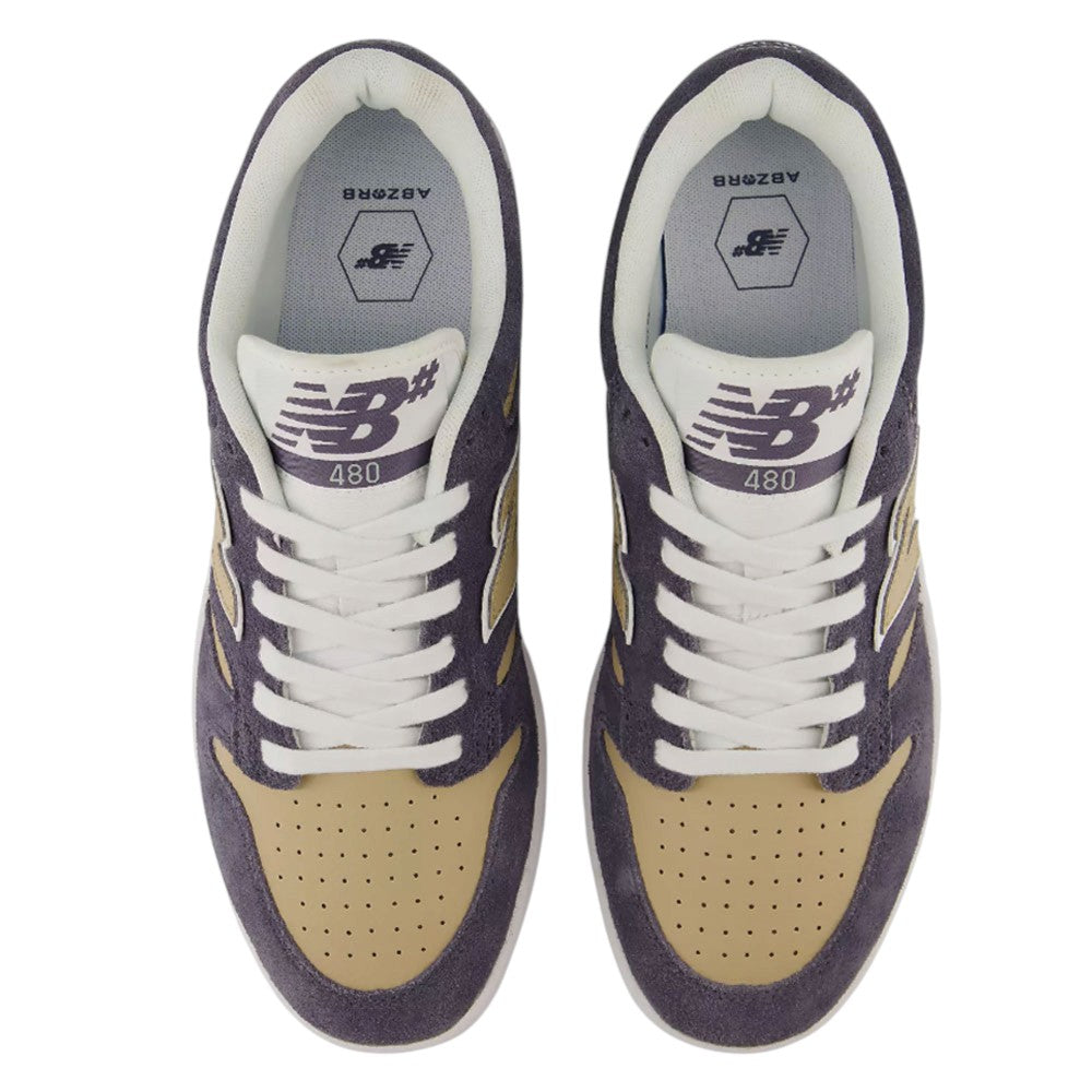 Top-down view of purple and tan 480 NAD New Balance Numeric Suede Skateboarding Shoes with white laces.