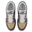 Top-down view of purple and tan 480 NAD New Balance Numeric Suede Skateboarding Shoes with white laces.