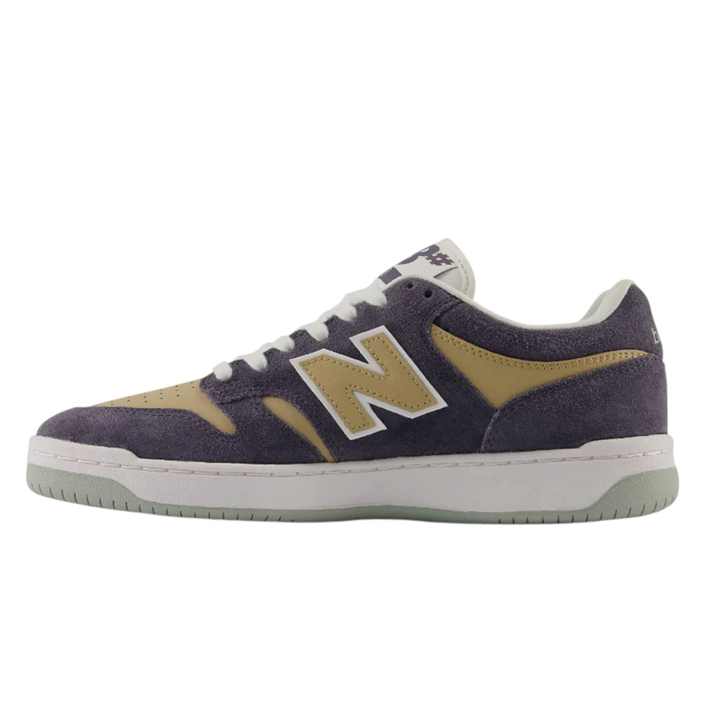 480 NAD New Balance Numeric Suede Skateboarding Shoes in purple and tan with a white side logo, light green outsole, and FuelCell foam.