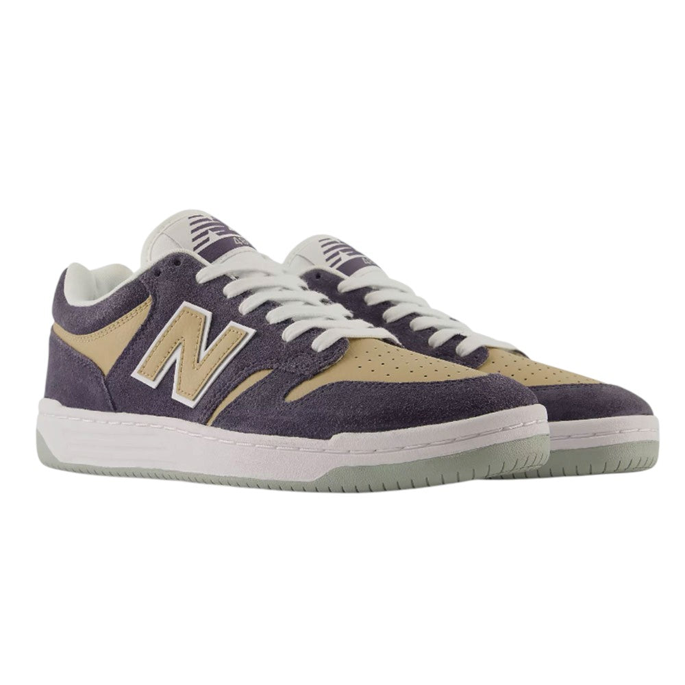 480 NAD New Balance Numeric suede skateboarding shoes in purple and tan with white laces, a light gray sole, and a design inspired by heritage basketball shoes.