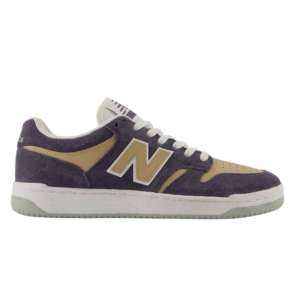 480 NAD New Balance Numeric Suede Skateboarding Shoes in a heritage basketball-style low-top design, featuring dark purple and tan suede, a white N logo, and a white rubber sole.