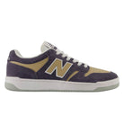 480 NAD New Balance Numeric Suede Skateboarding Shoes in a heritage basketball-style low-top design, featuring dark purple and tan suede, a white N logo, and a white rubber sole.