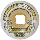 A white 53mm Double Duro Gum Hardline 101a/95a OJ Wheel features bold yellow and black branding, skeletal hands, dice graphics, and a Hard Line logo at the bottom.