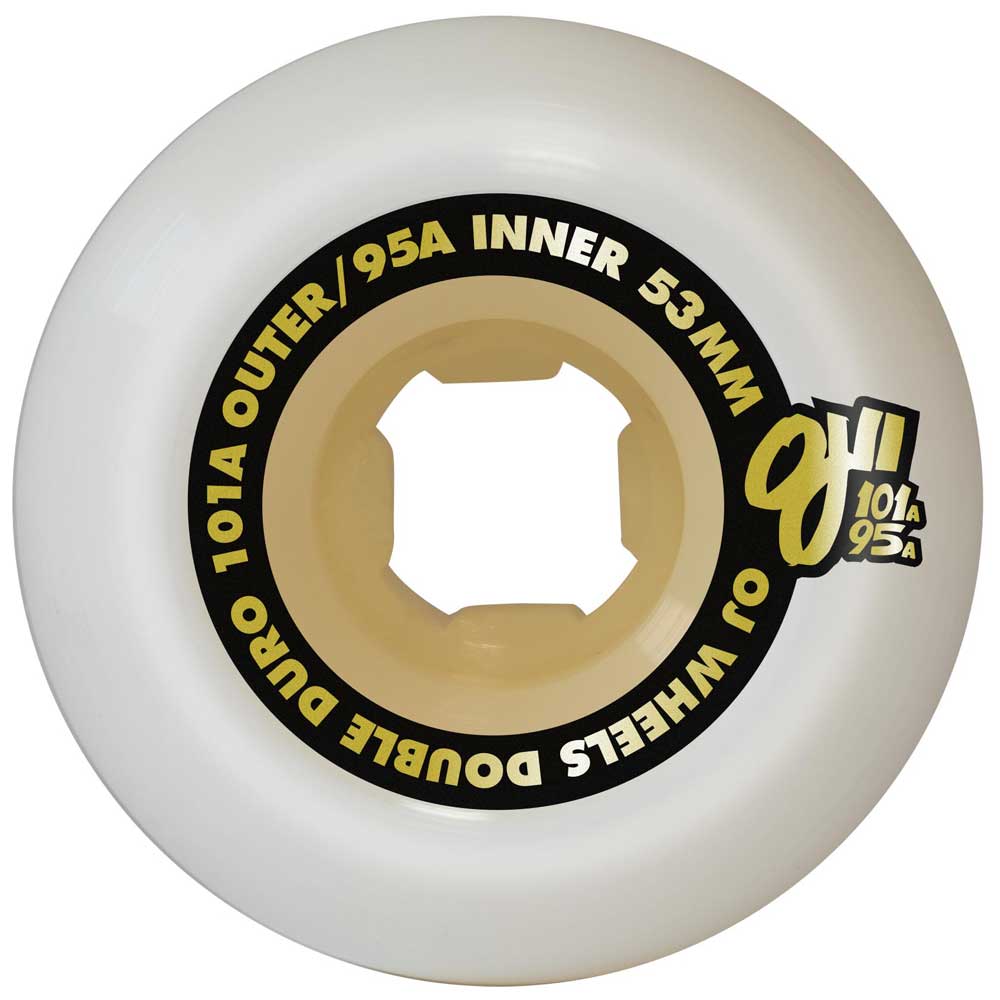 A 53mm OJ Wheels Double Duro Gum Hardline skateboard wheel in white with a beige core, black and yellow "OJ Wheels Double Duros 101a Outer/95a Inner" text.