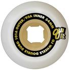 A white 54mm Double Duro Gum Chubbies skateboard wheel by OJ Wheels, 101a outer/95a inner, tan core, black and yellow text, and a unique square-shaped hole at the center.