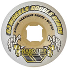 A white 54mm Double Duro Gum Hardline 99a/95a OJ Wheels skateboard wheel featuring dice, skeletal hands, and a yellow and black Hard Line logo.