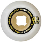 A white skateboard wheel with a beige core. Black and gold text reads: 54mm Double Duro Gum Hardline 99a/95a OJ Wheels.