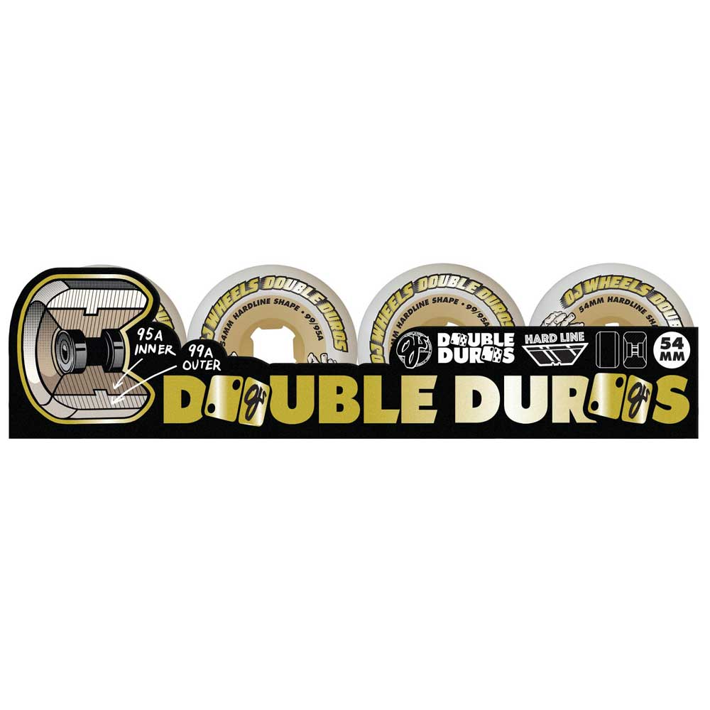 Four 54mm Double Duro Gum Hardline OJ Wheels, shown in packaging with a black and gold design, feature 99A outer and 95A inner durometers, hardline shape, and dual durometer construction.