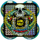 A holographic sticker displays a stylized skull with green tentacles, red-eyed birds, and bold "Slime Balls Greyson Fletcher" text over a vibrant background, matching the 54mm Greyson Fletcher Guest Chubbies Green Blue Swirl 99a Slime Balls Wheels.