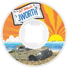 An illustration on the 54mm John Worthington Elite White Hardline 99a OJ Wheels shows a tan pickup stuck in sand by the ocean at sunset, with waves, a palm tree, and “OJ Wheels JWORTH” on an overhead sign.
