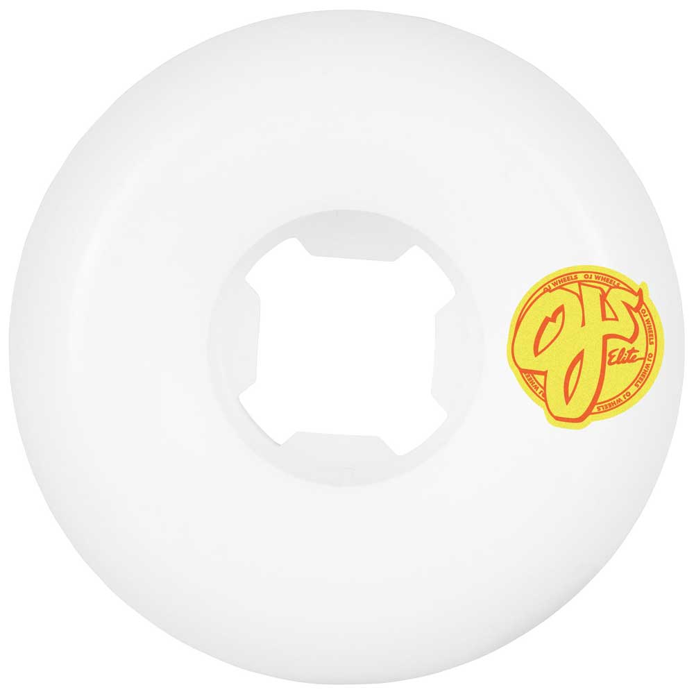 The 54mm John Worthington Elite White Hardline 99a OJ Wheel has a white base, bold yellow and red circular graphic with stylized Elite text near the edge, and a clearly visible center hole.