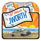 Illustration of a beige pickup truck driving on a sandy beach at sunrise. In the foreground, a large sign reads “54mm John Worthington Elite White Hardline 99a OJ Wheels,” evoking the spirit of adventure and freedom.