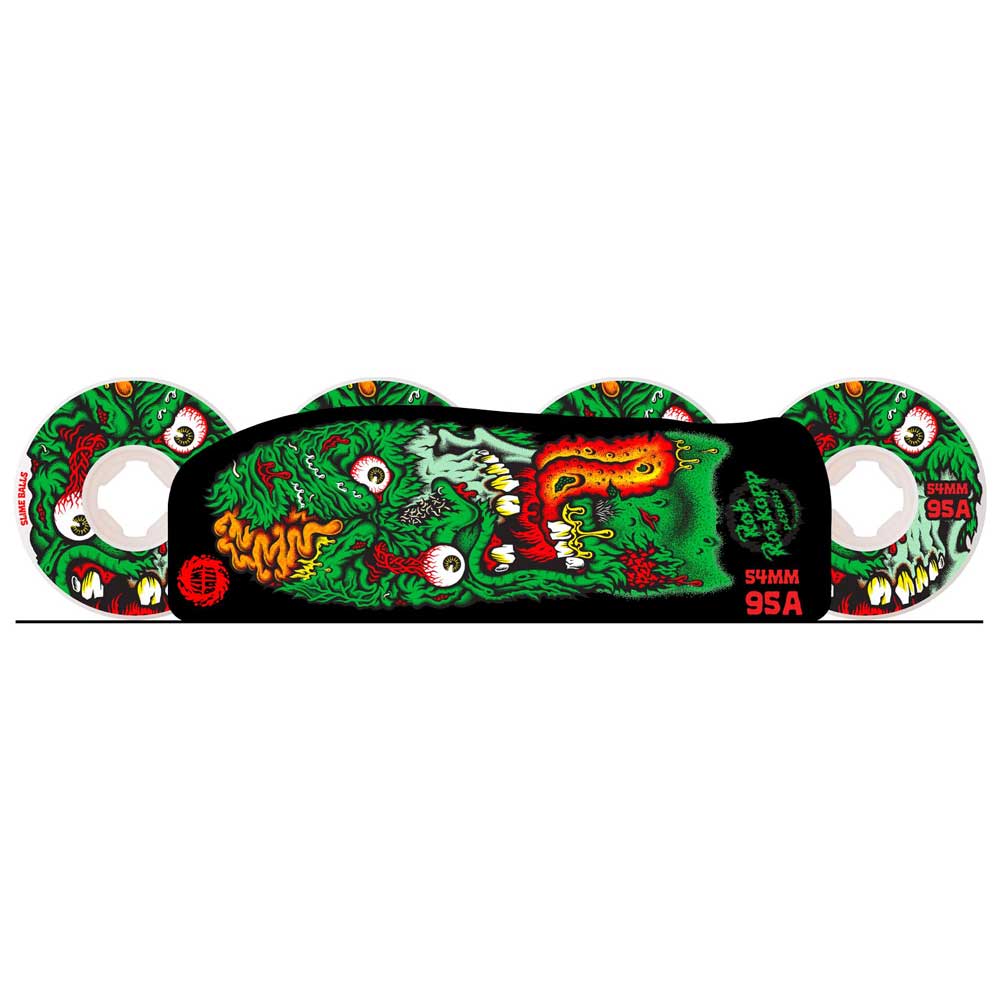 Four 54mm Roskopp Face Two Reissue White Hardline 95a Slime Balls skateboard wheels and a black grip tape, each featuring a vivid green monster face with sharp teeth, bulging eyes, and bold red "54MM 95A" text for optimal performance.
