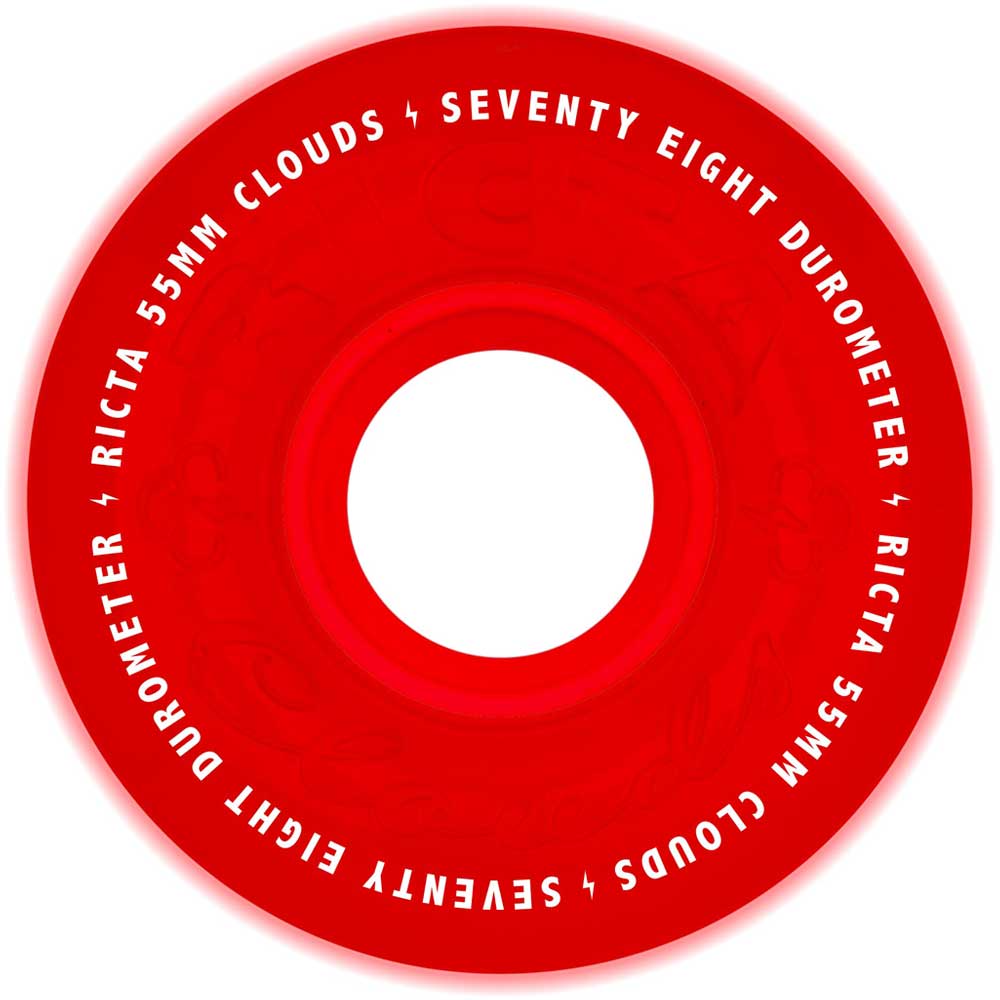 A 55mm Clouds GITD Red 78a Ricta Wheel, designed for smooth rides, has bold white text around the edge and a large central hole.