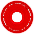 A 55mm Clouds GITD Red 78a Ricta Wheel, designed for smooth rides, has bold white text around the edge and a large central hole.