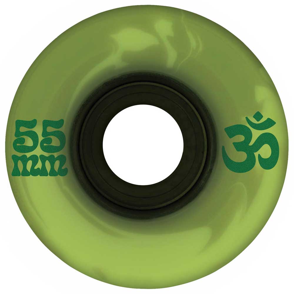 A 55mm Cru-Zen Mini Super Juice Emerald Marble Swirl 78a OJ skateboard wheel with a black bearing center and a dark green Om symbol on the surface.