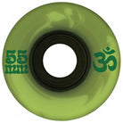 A 55mm Cru-Zen Mini Super Juice Emerald Marble Swirl 78a OJ skateboard wheel with a black bearing center and a dark green Om symbol on the surface.