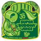 A green, cartoon-style turtle meditates with a red beaded necklace against leafy foliage. Bold “55mm Cru-Zen Mini Super Juice Emerald Marble Swirl 78a OJ Wheels” text and a large Om symbol stand out alongside vibrant product details.