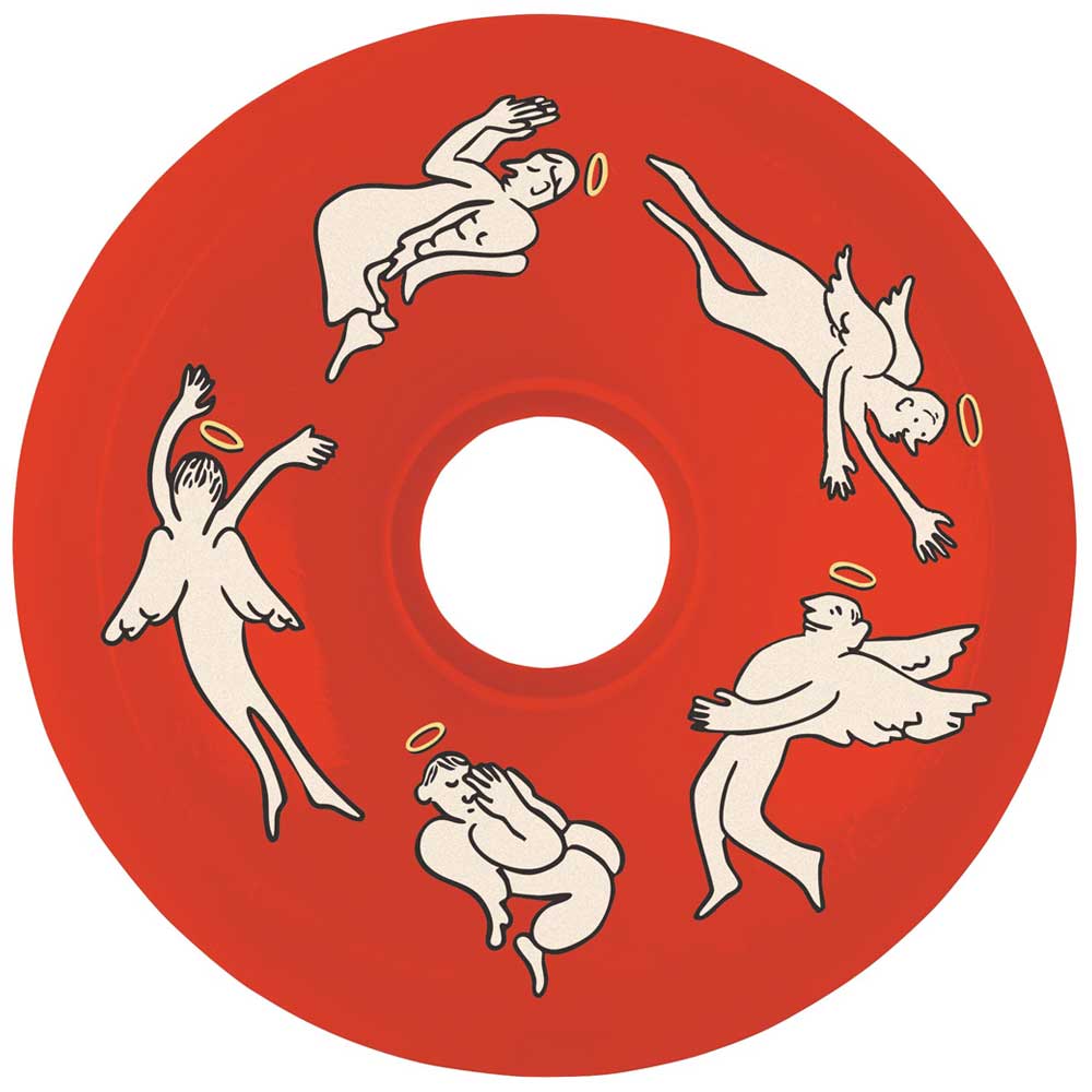 A vibrant red 55mm OJ Wheel, illustrated with five celestial angels with shining halos in dynamic poses, gracefully surrounding the center. Product: Nick Boserio Holy Angels Mini Super Juice Red 78a.