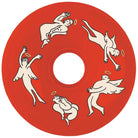 A vibrant red 55mm OJ Wheel, illustrated with five celestial angels with shining halos in dynamic poses, gracefully surrounding the center. Product: Nick Boserio Holy Angels Mini Super Juice Red 78a.