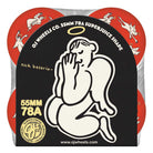 Four red 55mm Nick Boserio Holy Angels Mini Super Juice 78a OJ Wheels with an angel design come in a black sleeve featuring a bold white angel outline and Nick Boserio’s name on the front.