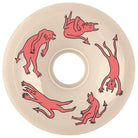 The 55mm Nick Boserio Little Devils Original White 99a OJ Wheel is a beige, circular skate wheel featuring five red, cartoonish devil figures with horns, tails, and playful expressions surrounding its center hole.