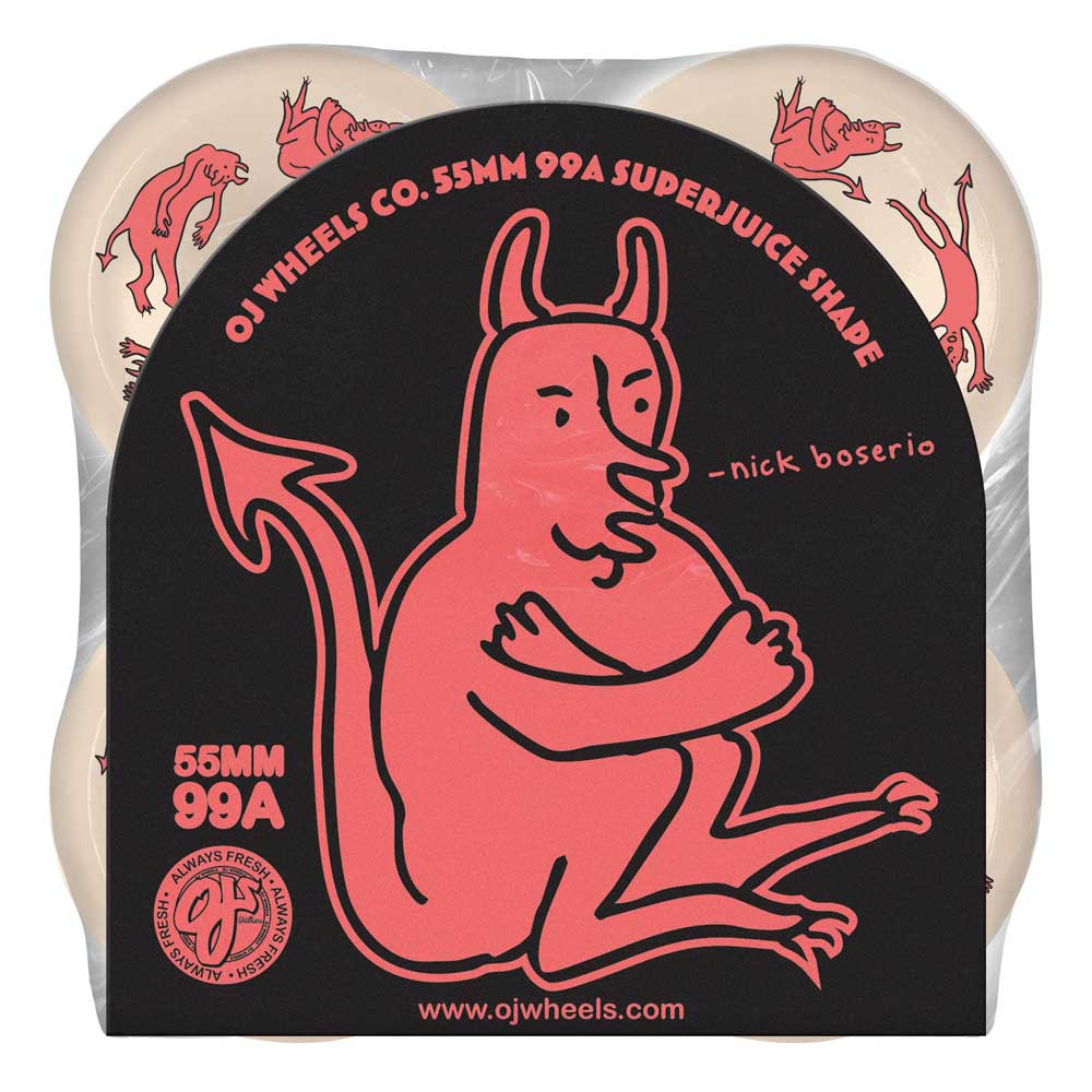 A set of 55mm Nick Boserio Little Devils Original White 99a OJ Wheels, featuring a cream color and bold red cartoon devil graphic on a black label with "OJ Wheels Co." and “Superjuice Shape” text.