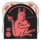 A set of 55mm Nick Boserio Little Devils Original White 99a OJ Wheels, featuring a cream color and bold red cartoon devil graphic on a black label with "OJ Wheels Co." and “Superjuice Shape” text.
