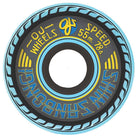 The 55mm Shin Sanbongi Mini Super Juice Blue 78a from OJ Wheels is a black skate wheel with blue and yellow accents. "55mm 78A Mini Super Juice" is printed on it, and the bold blue tire-like outer edge adds standout style.