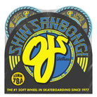 Bright packaging displays four 55mm Shin Sanbongi Mini Super Juice Blue 78a OJ Wheels. Bold yellow and blue text highlights OJ Wheels, Shin Sanbongi, 55mm 78a, and The #1 Soft Wheel in Skateboarding Since 1977.