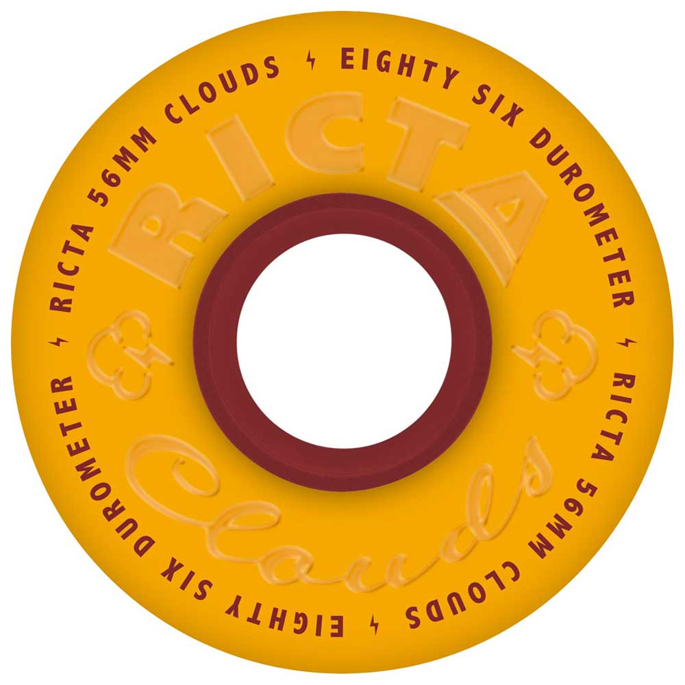A 56mm Clouds Mustard 86a Ricta wheel: yellow with a red core, "RICTA Clouds" and specs in bold orange and white text around the edge.