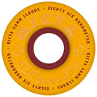 A 56mm Clouds Mustard 86a Ricta wheel: yellow with a red core, "RICTA Clouds" and specs in bold orange and white text around the edge.