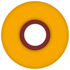 A top-down view of a 56mm Clouds Mustard 86a Ricta Wheel, featuring a vibrant yellow color with a red inner ring and white center, displayed against a clean white background.