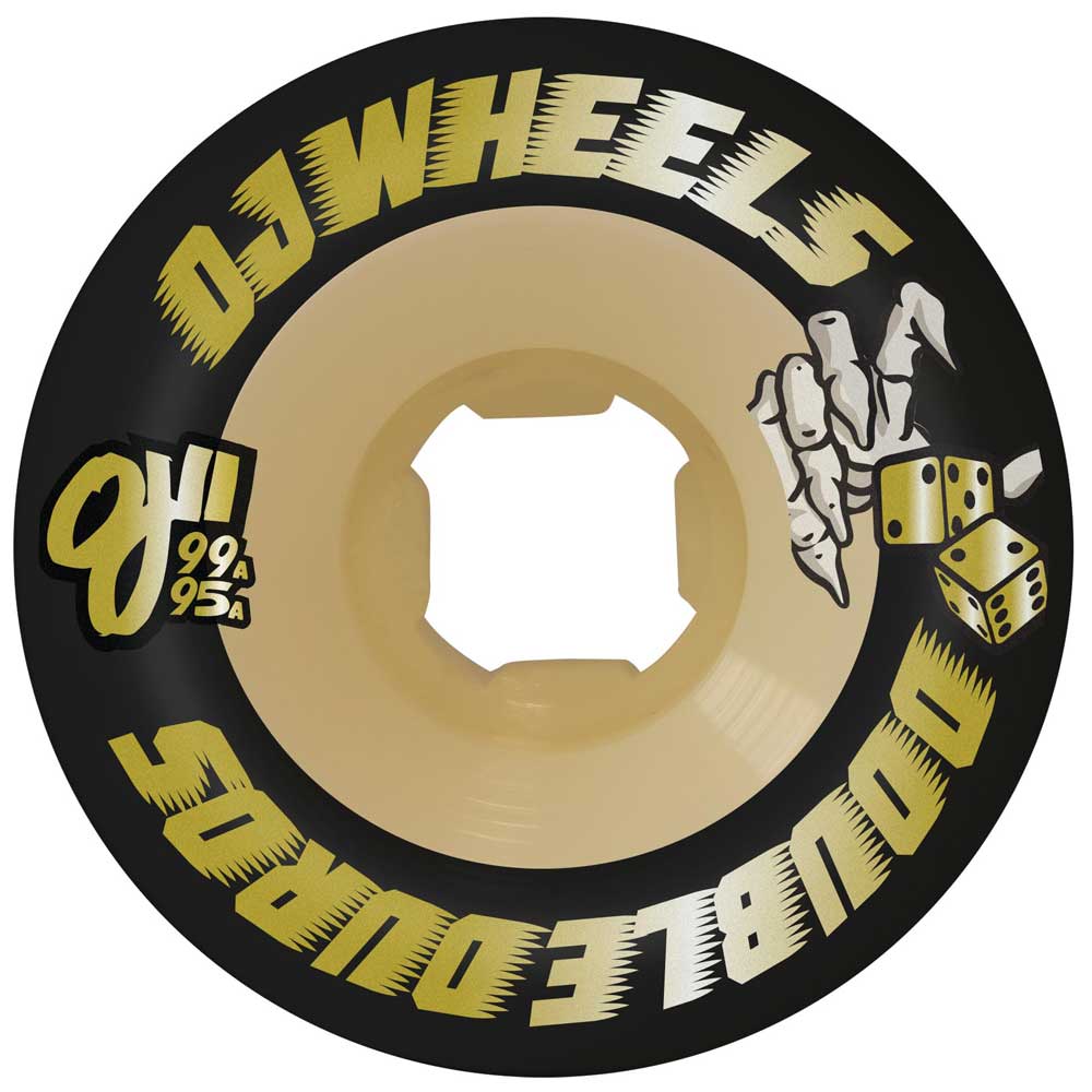 The 56mm Double Duro Black Gum Chubbies 99a 95a OJ Wheels features black and beige tones, bold DJ WHEELS DOUBLEDUROS and 99A 95A text, plus a vivid skeleton hand holding dice graphic.