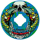 The 56mm Greyson Fletcher Guest Vomit Mini Green Blue Swirl 99a Slime Balls Wheels feature vibrant skateboard wheel art with a white skull, green tentacles, yellow and red flames, and "Greyson Fletcher" text on a blue-green swirl background.