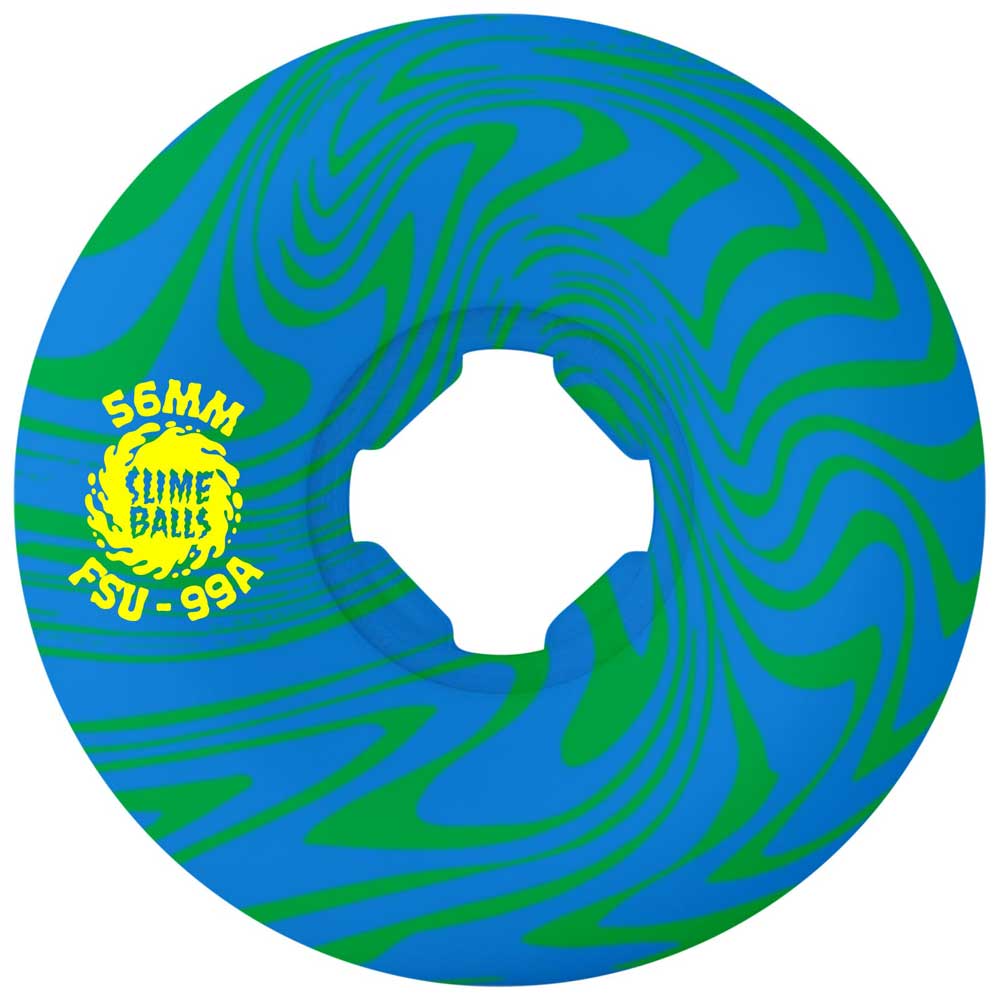The 56mm Greyson Fletcher Guest Vomit Mini Green Blue Swirl 99a Slime Balls Wheels feature a vibrant blue and green swirl, yellow "56MM" and "FSU-99A" print, the bold yellow Slime Balls logo, and a center cutout for mounting.