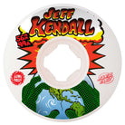The 60mm Kendall End of the World Reissue OG Slime Purple 78a Slime Balls Wheels showcases comic-style "Jeff Kendall" text above green monster hands holding Earth, with red/yellow bursts, plus Slime Balls and Santa Cruz logos.