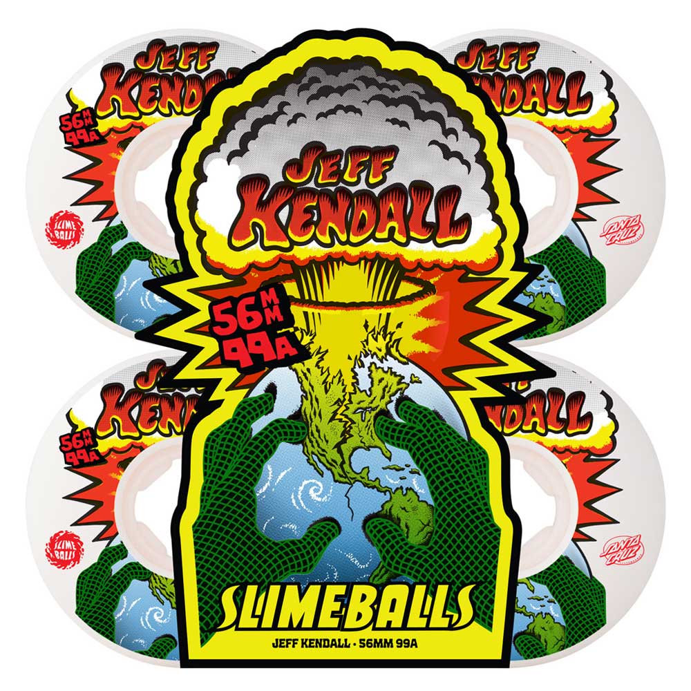 The 56mm Kendall End of the World Reissue Chubbies White 99a Slime Balls Wheels showcase a bold “Jeff Kendall” label above a volcanic blast and green monster hand, featuring earth-toned, comic-style graphics in classic Slime Balls flair.