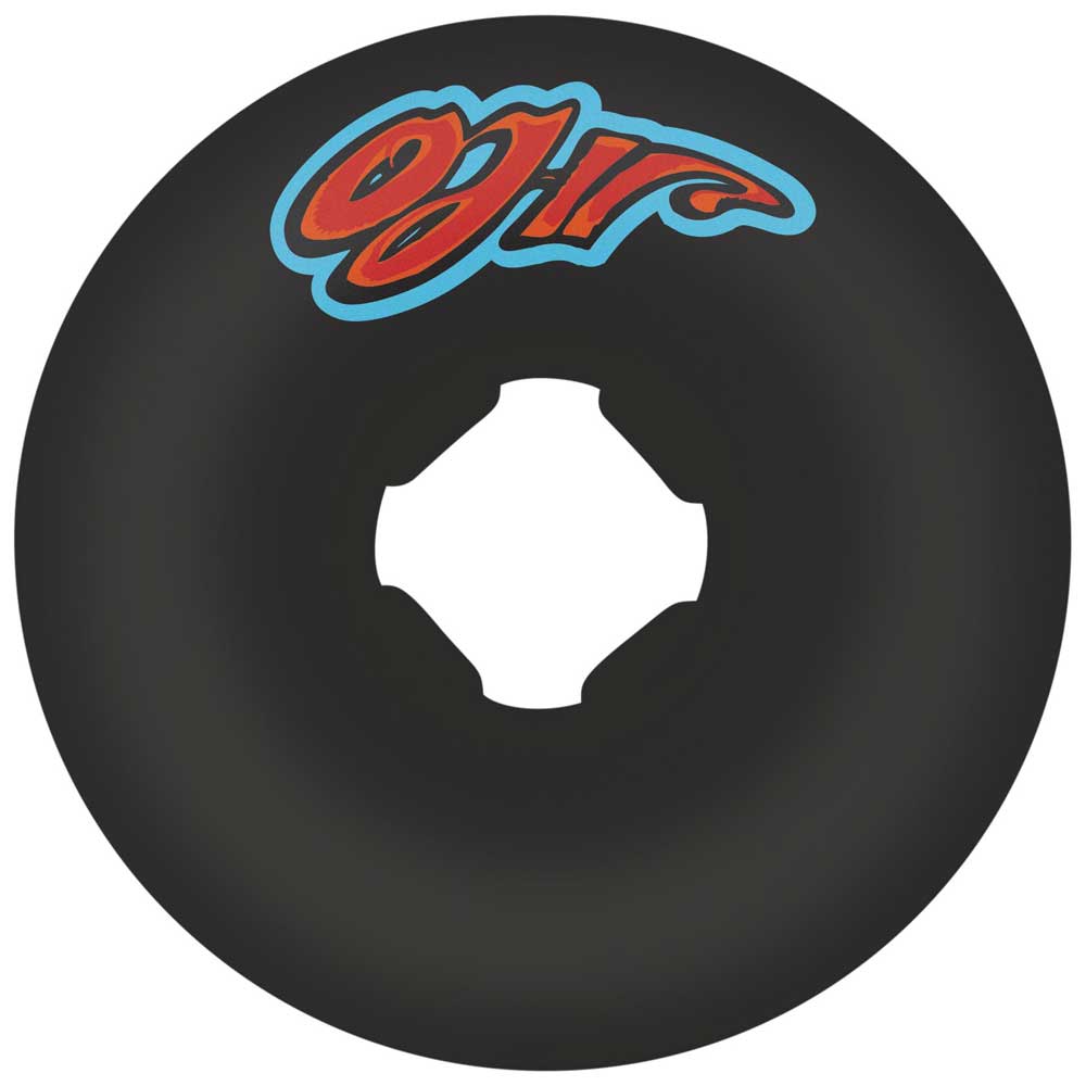 The 56mm Screaming Hand Original Black Chubbies 101a OJ Wheels feature a square-like center hole and a bold red and blue OJ II logo on the upper part, combining unique style with classic black skateboard wheel design.