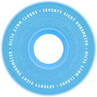 Aqua glow-in-the-dark 57mm Clouds GITD 78a Ricta wheels with white edge text, featuring a center hole for an axle—ideal for cruising and smooth rides.