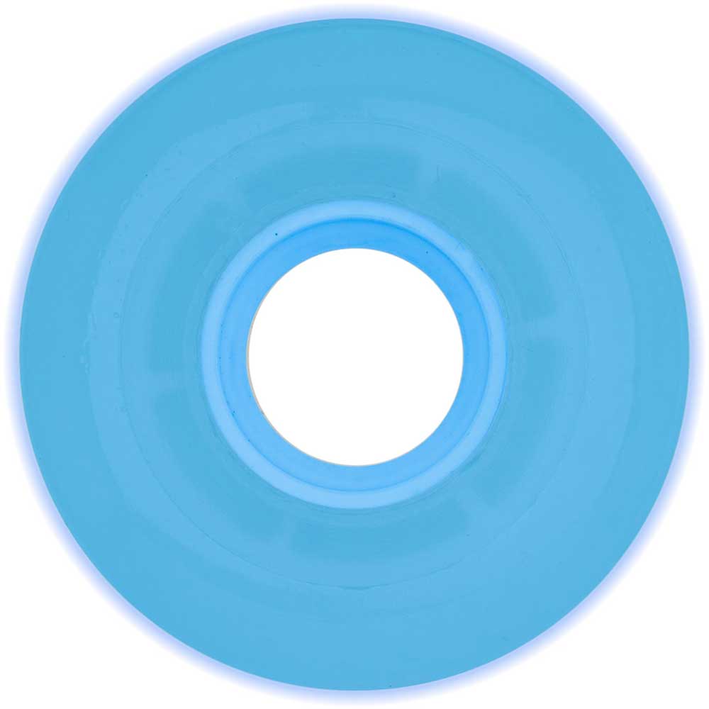 The 57mm Clouds GITD Aqua 78a Ricta Wheel is solid blue, circular, viewed from above, and features a central hole for the axle.