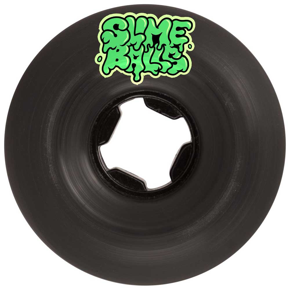 The 58mm Accelerator Vomit Mini Black 99a Slime Balls Wheels feature a black design with a green, drippy Slime Balls graphic, displayed on a white background.