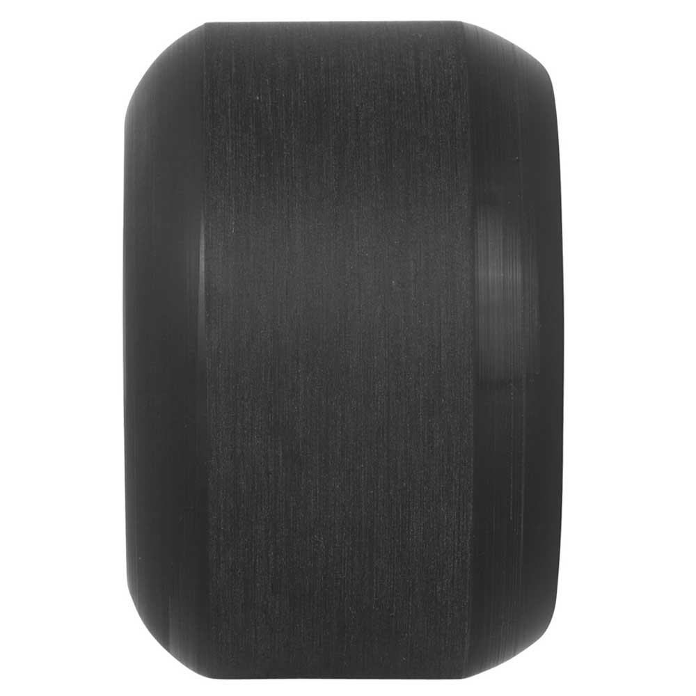 A close-up side view of the 58mm Accelerator Vomit Mini Black 99a Slime Balls Wheel, featuring a smooth, cylindrical black rubber shape, photographed on a plain white surface.