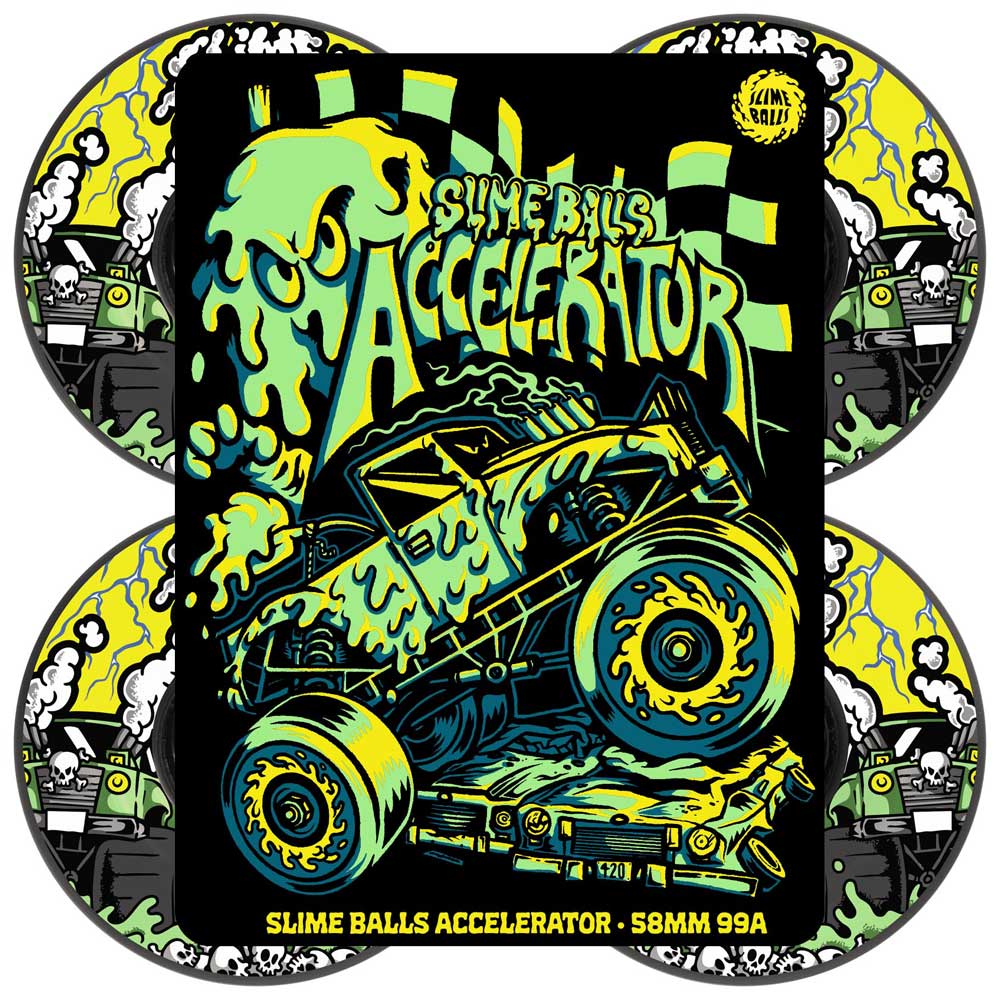 Featuring a bold green slime monster, hot rod car, and checkered flags, the 58mm Accelerator Vomit Mini Black 99a Slime Balls Wheels stand out with vibrant yellow, green, and black lettering for an eye-catching look.